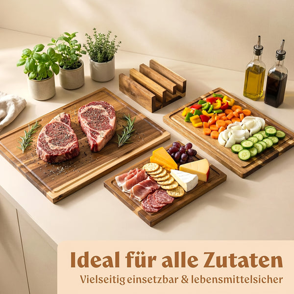 Acacia Wood Chopping Board Set of Four (Three Chopping Boards And One Stand); Thick, Solid Acacia Wood Chopping Boards, Suitable for Use in The Kitchen; Wooden Chopping Boards in Various Sizes; Wooden Chopping Boards for Kitchen Use