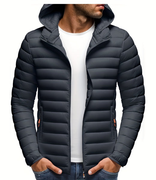 Men's Stand Collar Hooded Jacket - Warm, Windproof Thickened Coat, Detachable Hood, Solid Color Design, Thickened Nylon Fabric for Cold Weather, Casual Style, Zip Closure, Dry Clean Only, Winter Stand Collar Hooded Thickened Coat
