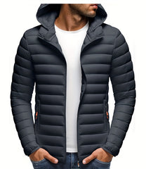 Men's Stand Collar Hooded Jacket - Warm, Windproof Thickened Coat, Detachable Hood, Solid Color Design, Thickened Nylon Fabric for Cold Weather, Casual Style, Zip Closure, Dry Clean Only, Winter Stand Collar Hooded Thickened Coat