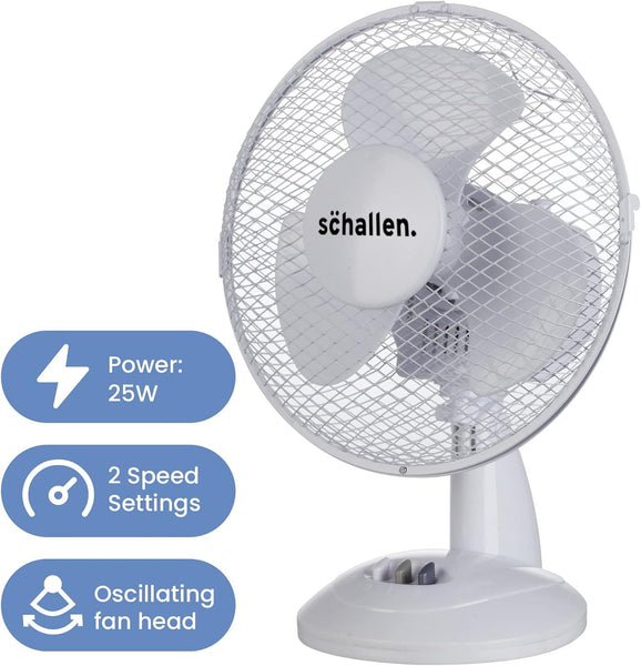 Schallen 9 Inch Portable Desk Fan Oscillating Table Fan Quiet Electric Cooling Fan 2 Speed Settings Desktop Air Circulator Home Office Bedroom Workstation Garage Small Table Fan Plastic Blade Safety Mesh Grill UK Plug Grey White or Black