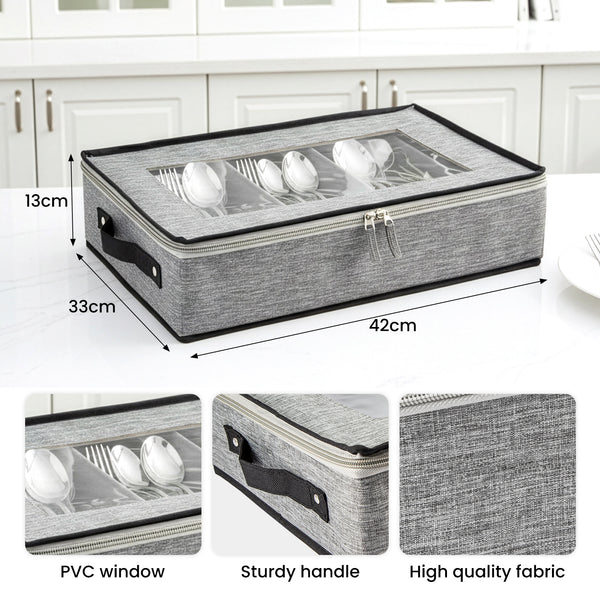 1pc 5-Compartment Fabric Flatware Organizer with Clear Lid - Portable Tension-Mounted Utensil Storage Box for Kitchen, Camping, Picnics - Chopsticks, Knife, Fork, Spoon Organizer, Picnic Flatware Holder | Stylish Table Accessory | Tension Mount Closure