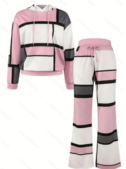 Casual Color Block 2pcs Set, Long Sleeve Hooded Top And Drawstring Pants, Women'S Clothing
