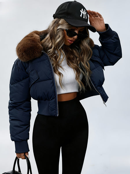 Winter Women's Short Cropped Puffer Jacket with Thickened Winter Coat - Elegant Long-Sleeve Zippered Outerwear, Lined Collar & Waist Pockets, Machine Washable for Casual Winter Wear, Everyday Outfits & Light Outdoor