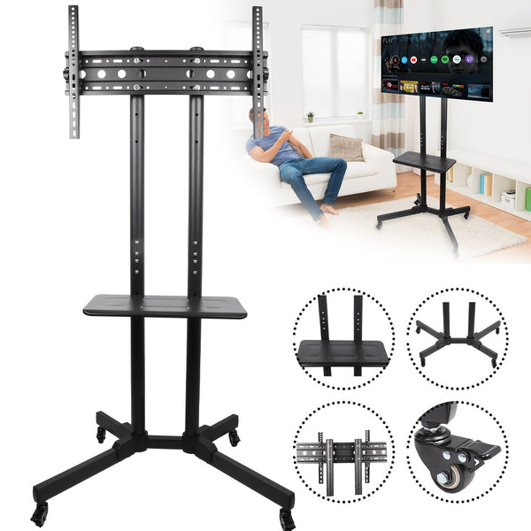 Mobile TV Stand On Wheels with The Down Tray, Tilt Rolling TV Stand with Media Shelf for 81.28-165.1 cm LED, LCD, OLED Flat&Curved TVs, Holds Up to 50kg