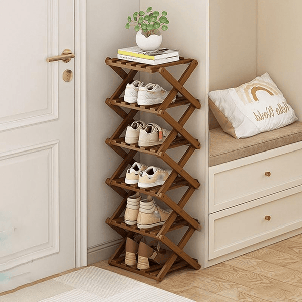 4/5/6/7 Tiers Bamboo Wooden Shoe Rack, Vertical Shoe Racks Storage Shelves Tall Shoe Tower, Collapsible Narrow Shoe Stand, Installation Free Folding X-Shape Shoe Racks Sneakers Slippers Holder Organizer, Multi Functional Shoe Rack Durable Footwear Cabinet