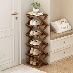 4/5/6/7 Tiers Bamboo Wooden Shoe Rack, Vertical Shoe Racks Storage Shelves Tall Shoe Tower, Collapsible Narrow Shoe Stand, Installation Free Folding X-Shape Shoe Racks Sneakers Slippers Holder Organizer, Multi Functional Shoe Rack Durable Footwear Cabinet