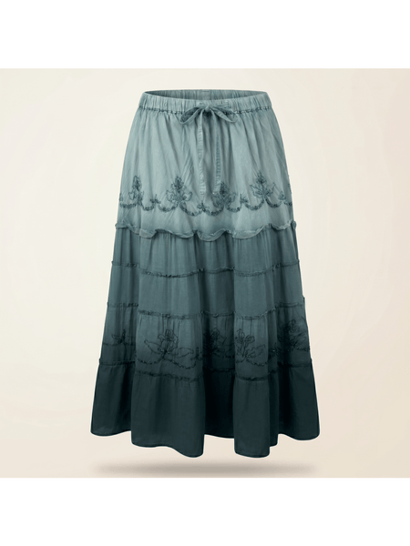 Women’s Vacation Tiered Maxi Skirt Elastic Waist Floral Embroidery Ruffle Hem - 20001