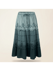 Women’s Vacation Tiered Maxi Skirt Elastic Waist Floral Embroidery Ruffle Hem - 20001