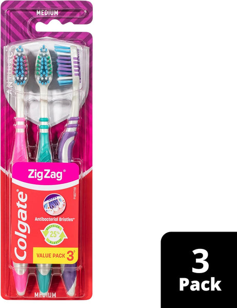Colgate Zig Zag Medium Manual Toothbrush - Multi Angle Cross Bristles with Flexible Neck for Gum Comfort - 3 Count (Pack of 1)