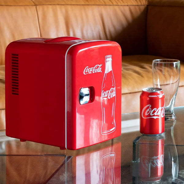 Coca Cola Classic Mini Fridge - Refrigerator for Bedroom Skincare Office, Portable Table Top Beverage Cooler, 12V DC/220V AC Refrigerador for Drinks, Soda, Wine, Use in Car, Dorm, Patio, 6 Can