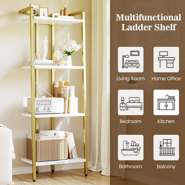 4-Tier Heavy-Duty Iron Ladder Shelf Bookcase with Wide Base Suitable for Books, Plants, Storage - Freestanding Multi-Functional Shelf for Living Room, Office, Kitchen, Bathroom - Space-Saving Vertical Storage Rack for Modern Organization, Standing