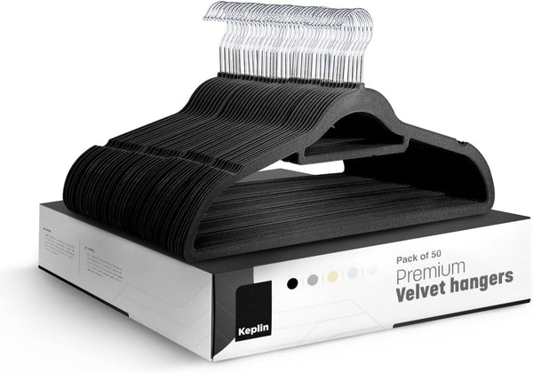 KEPLIN Velvet Hangers 20 Pack - Non-Slip Clothes Hangers with Tie Bar & 360° Hook - Durable & Sturdy, Space-Saving Wardrobe Organisers for Suits, Jackets & Clothes- Home Storage Solution (Black)