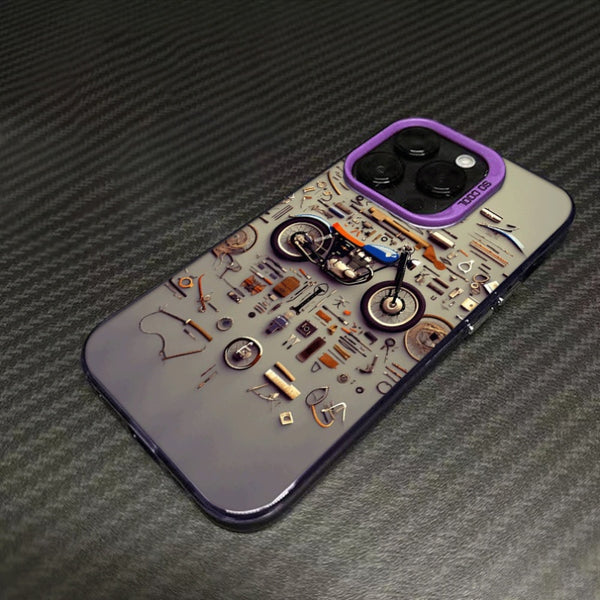 Phone Case - A Colorful Silver Phone Case Featuring a Retro Motorcycle Parts Disassembled Art Design, Compatible with Various for Iphone Including for Iphone 17 Pro Max, 16, 15, 14, 13, 12, And 11 Series, Designed to Be Stylish And Anti-Fall