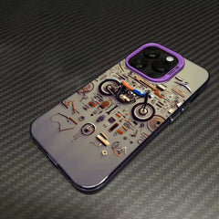 Phone Case - A Colorful Silver Phone Case Featuring a Retro Motorcycle Parts Disassembled Art Design, Compatible with Various for Iphone Including for Iphone 17 Pro Max, 16, 15, 14, 13, 12, And 11 Series, Designed to Be Stylish And Anti-Fall
