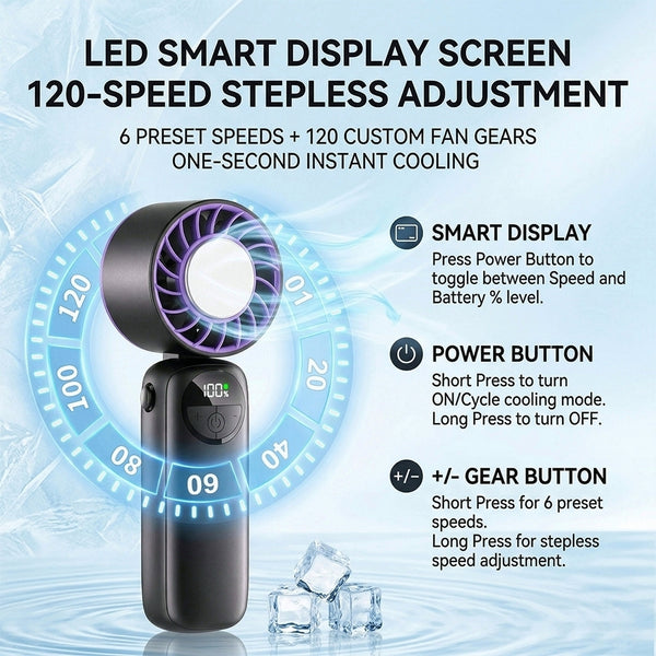 3-in-1 Rechargeable Handheld Fan with 120-Speed Control and LED Battery Indicator, Turbo-Powered Foldable Neck and Desk Fan for Instant Cooling, Portable USB Fan for Summer Camping Hiking Office and Daily Use