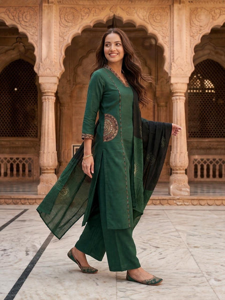 TeamWear* Womens Cotton Embroidered Neck and Dual Pockets Kurta Set with Palazzo and Contrast Dupatta