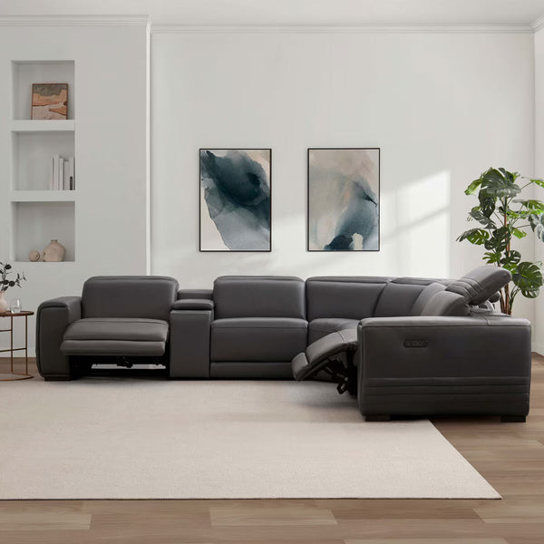 Aiden & Ivy Karson Dark Grey Leather Power Reclining Sectional Sofa