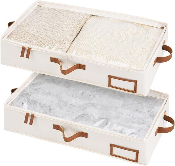 Storageworks Underbed Storage Boxes with Lids, Large under Bed Storage Box Containers for Bedroom Accessories Organising Clothes Bedding, Rigid under Bed Organisers Ultra Thick, Ivory White, 2-Pack