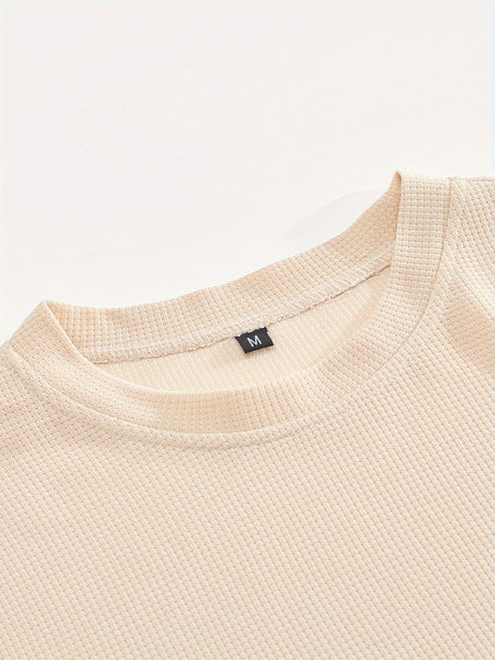 Men'S 2pcs Solid Color Waffle Casual Set, Long-Sleeved Round Neck Pullover Sweatshirt And Solid Color Drawstring Pants, Chic And Comfortable Casual Set, Suitable for Men'S Daily Casual Wear, Vacation Wear, Spring And Autumn Men'S Clothing