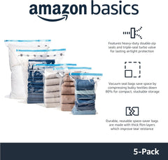 Amazon Basics Vacuum Compression Zipper Storage Bags with Airtight Valve and Hand Pump, Large, 5-Pack, Clear