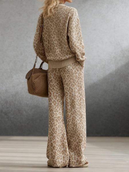 Women's Leopard Print Casual Suit, Loose Crew Neck Sweater + Wide-leg Pants Two-piece Set, Daily Social Lazy Style Fashion Suit, Lazy High-end Style, Women's Fashion Leopard Print Two-piece Set