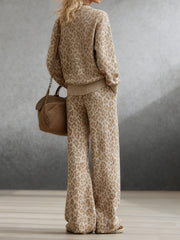 Women's Leopard Print Casual Suit, Loose Crew Neck Sweater + Wide-leg Pants Two-piece Set, Daily Social Lazy Style Fashion Suit, Lazy High-end Style, Women's Fashion Leopard Print Two-piece Set