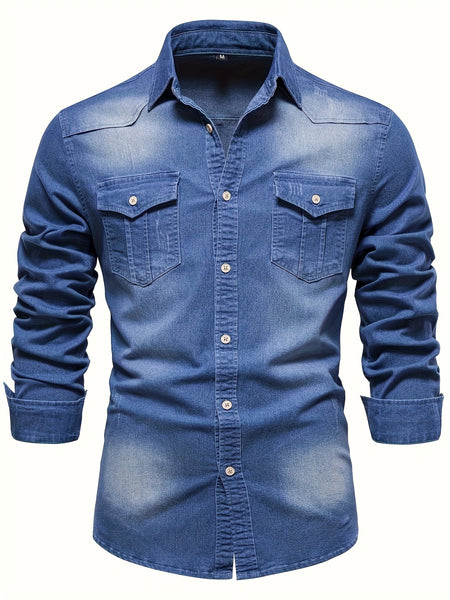 New Men'S Denim Shirt, Casual Solid Color Men'S Long Sleeve Dress Shirt