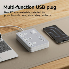 Power Supply 7in 1 Flat Plug Power Socket Outlet Extension Lead, 4 USB Slots Charging Ports Extension Socket, Multi Socket Power Board
