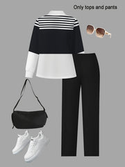Women's 2pcs Suit Set - Striped Half-Pallet Pullover Top & Solid Color Pants with Zipper Closure, High-Elasticity Straight Leg Pants, Loose Fit for Commuting, Office & Daily Wear - All-Season Professional Attire (2pcs Matching Set)