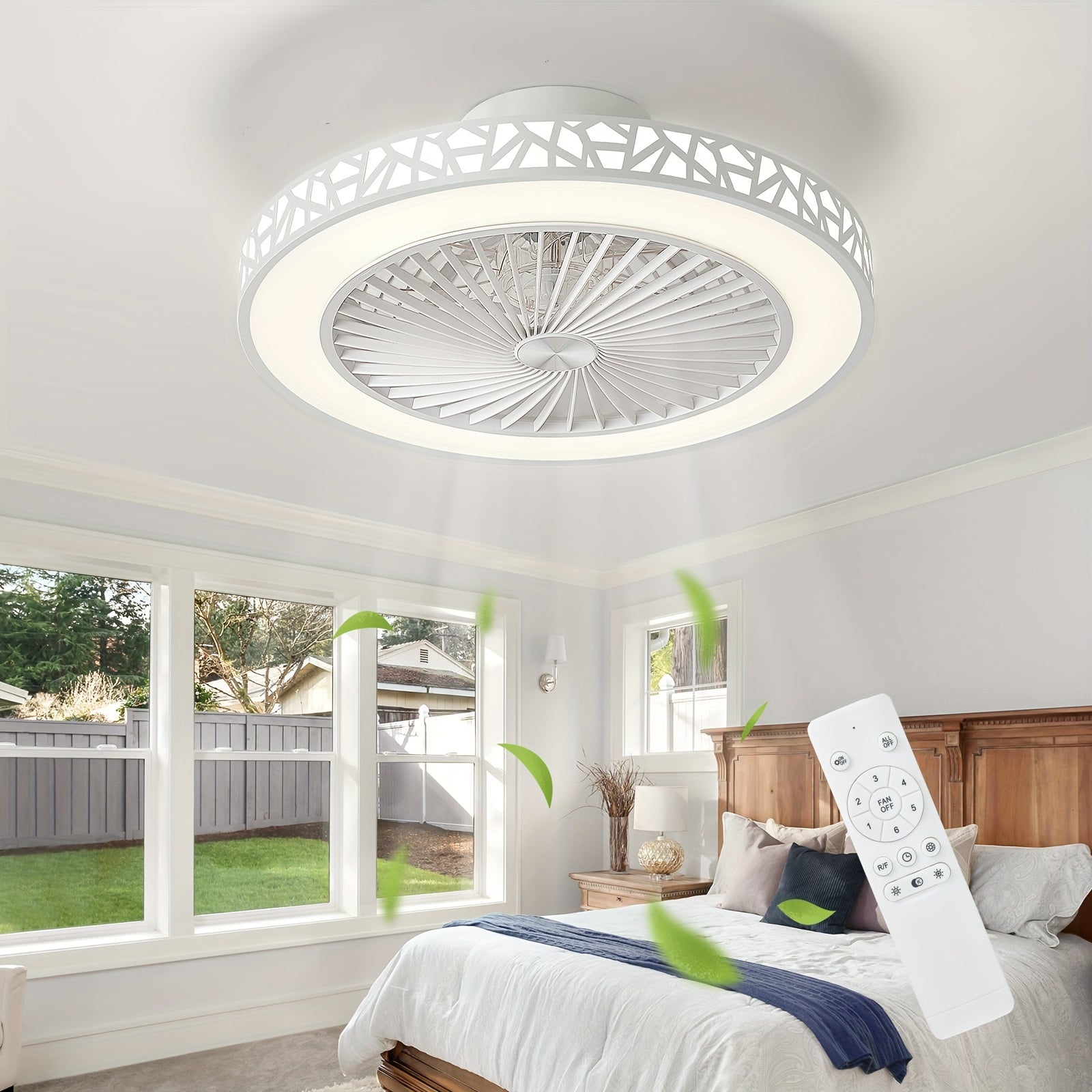 Ceiling Fan with Lights, 48.26cm Bladeless Enclosed Ceiling Fan Iron 48W Low Profile Flush Mount Fans 6 Speeds Dimmable 3000K-6500K Quiet Timing Bedroom Fan Light