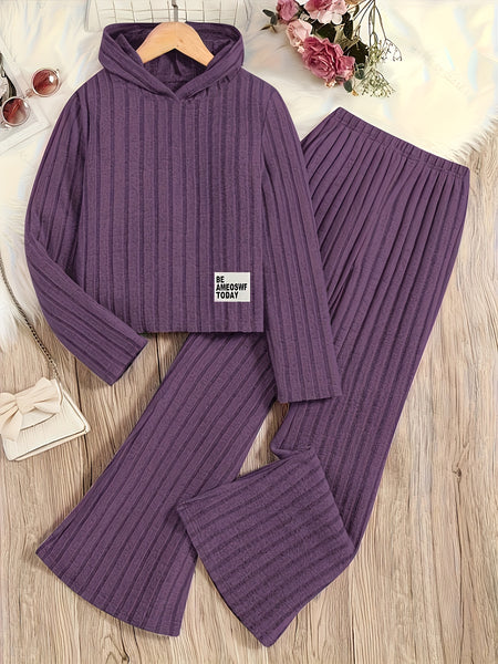 A Set of Women's Ribbed Letter Applique Hoodie and Flared Pants