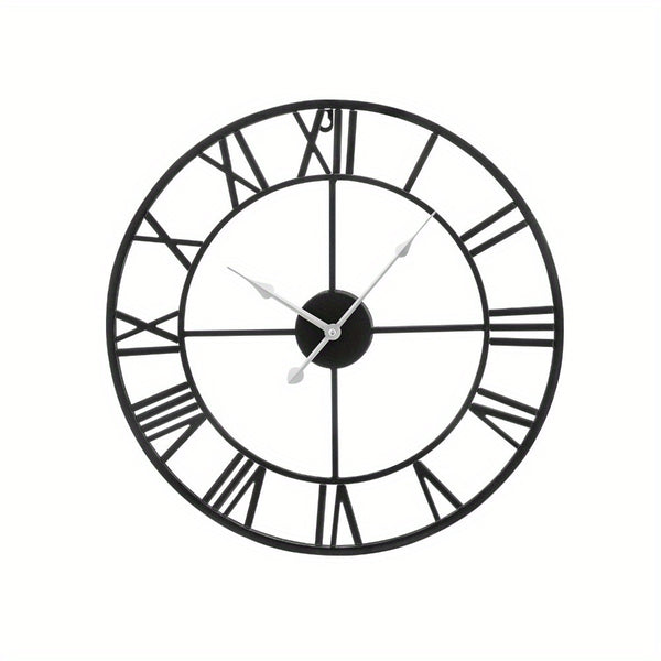 Vintage Large Wall Clock 60CM Vintage Black Round Metal Silent Non ticking Battery Operated Clock Skeleton Roman Numerals Hanging Clock for Living Room Bedroom Kitchen