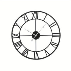 Vintage Large Wall Clock 60CM Vintage Black Round Metal Silent Non ticking Battery Operated Clock Skeleton Roman Numerals Hanging Clock for Living Room Bedroom Kitchen