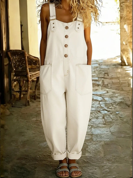Vintage Distressed Denim Jumpsuit, Women Loose Casual Overall with Adjustable Buckle