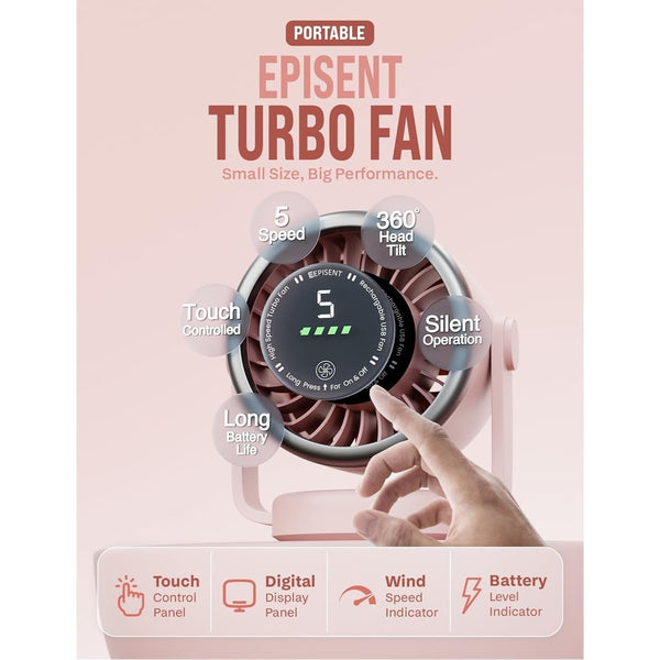 EPISENT Portable USB Desk Fan with Digital Display, Rechargeable Table Fan, 360° Adjustable Air Circulator, Touch Control, Wall Mount Design, 5 Speed Settings, Compact Fan for Home, Office & Travel