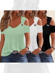 Three-Piece Summer Off-Shoulder Short-Sleeve T-Shirt, Casual Loose Eyelet V-Neck Solid Color Basic Off-Shoulder Short-Sleeve Top