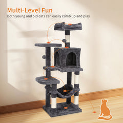 Cat Tree, 112 Cm Multi-Level Plush Cat Condo with 4 Scratching Posts, 2 Perches, Cave, Hammock, Pompoms, Light Grey