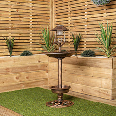 Taylor & Brown 3 In 1 Copper Effect Bird Bath & Table Bird Hotel Feeder with Solar Light and Planter Lightweight Fountain Decoration Garden Outdoor Birds Water, Bronze