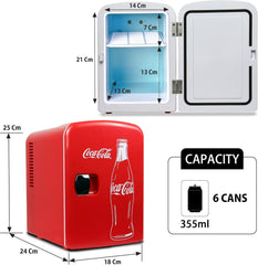 Coca Cola Classic Mini Fridge - Refrigerator for Bedroom Skincare Office, Portable Table Top Beverage Cooler, 12V DC/220V AC Refrigerador for Drinks, Soda, Wine, Use in Car, Dorm, Patio, 6 Can