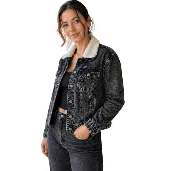 Women'S Black Denim Jacket with Sherpa Collar, Fleece Lined Jean Trucker Jacket, Warm Button Up Long Sleeve Winter Coat, Casual Vintage Denim Outerwear with Pockets