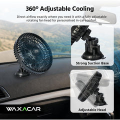 Waxacar Portable Car Fan, 12V USB Vehicle Cooling Fan with Adjustable 360° Rotation, Quiet Powerful Airflow for Car Dashboard, Rear Seat & Travel