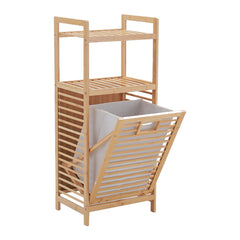 Tilt Out Laundry Hamper, Bamboo Laundry Basket with Foldable Bag and 3 Open Shelves, Freestanding Clothes Storage Organizer for Bedroom, Bathroom, Living Room