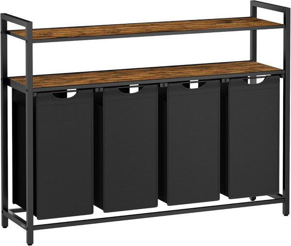VASAGLE Laundry Basket, Laundry Hamper with 4 Pull-Out and Removable Laundry Bags, 2 Shelves, 4 X 40 L, for Laundry Room, Rustic Brown and Black BLH214B01