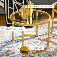 Glass Coffee Table Set of 2, Round Nest of Tables with Tempered Glass Tabletop and Steel Frame, Modern Side Tables for Living Room, Black