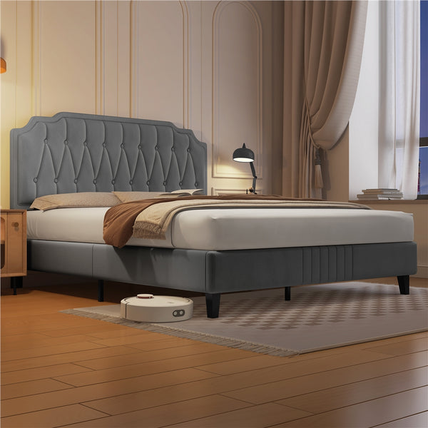 Costoffs Double/King Bed Frame Upholstered Platform Bed with Adjustable Button Tufted Headboard/Velvet Fabric/Mattress Foundation/Sturdy Wooden Slat Support, No Box Spring Needed, Black/Beige/Dark Grey/Light Grey