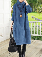 Women'S Elegant Corduroy Dress - Long Sleeve Turtleneck Loose Fit Winter Warm Dress with Pockets, Solid Color (Navy/) - Cozy Fall/Winter