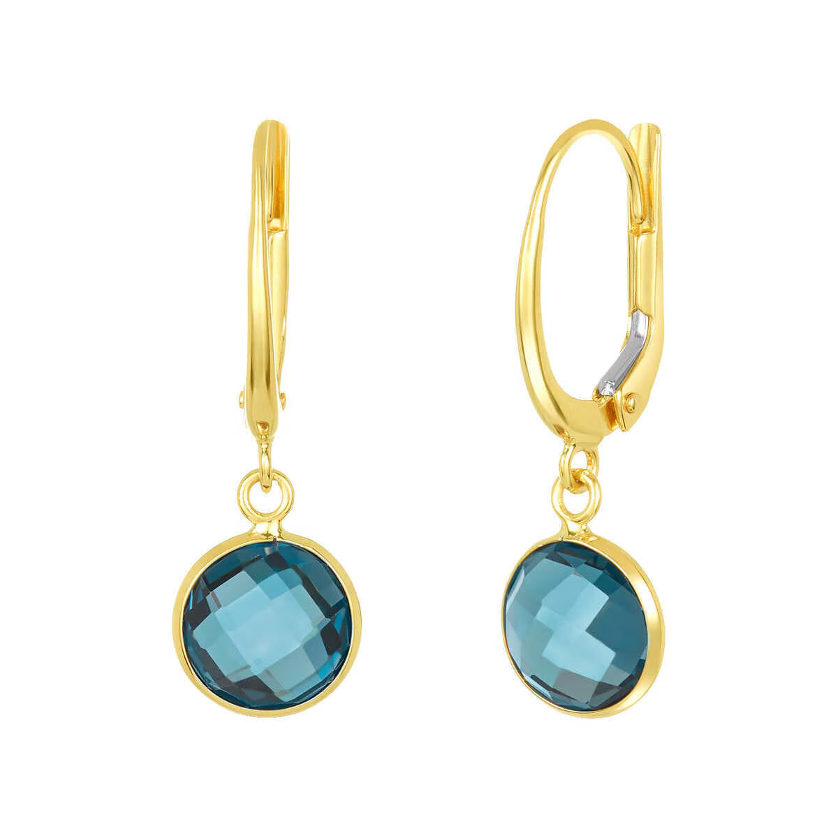Round Cut London Blue Topaz Earrings, 14Ct Yellow Gold