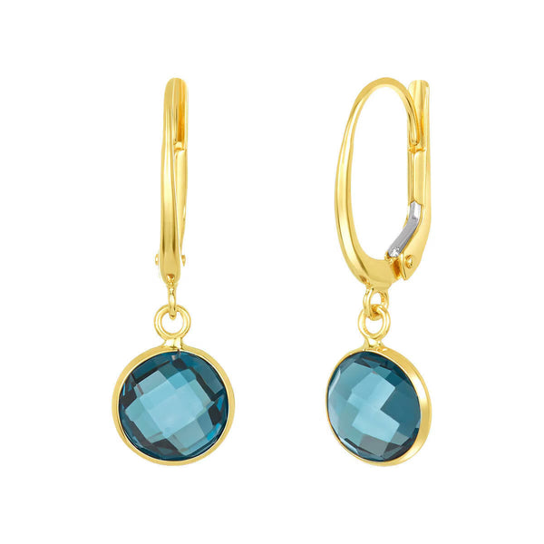 Round Cut London Blue Topaz Earrings, 14Ct Yellow Gold