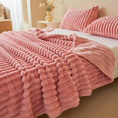 Premium Polyester Ribbed Throw Blanket Ultra Soft Faux Rabbit Fur Warm Lightweight Blanket for Home Office Camping All Seasons UK Brand Fast Delivery