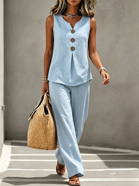 Spring Summer Women's Matching 2pcs Sets, V-Neck Sleeveless Button Top & Flowy Wide Leg Pants, Casual Resort Style Loungewear, Perfect for Summer Holiday, Staycation & Casual Outings, Holiday Essential